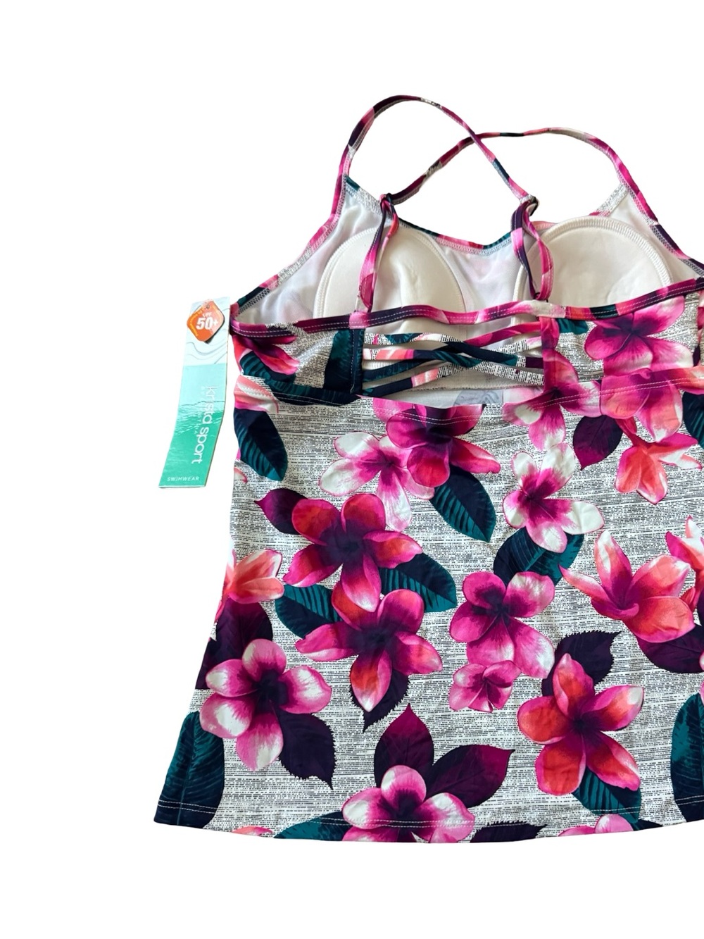 Krista Sport Tankini Top Pink Floral UPF 50+ Cross Back Built-In Bra NWT - Picture 7 of 16